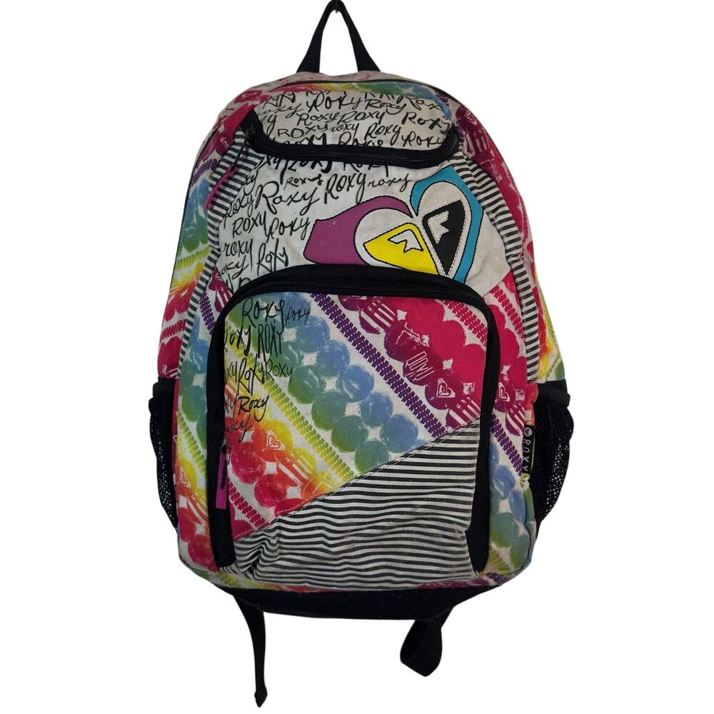 Y2K Roxy Multicolor Graffiti Backpack Heart Logo School Travel 3 Compartment